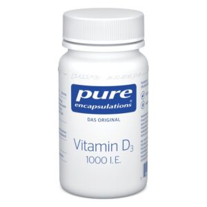 Weißer Kunststoffbehälter mit blauem Etikett für Vitamin D3, 1000 I.E, von pure encapsulations.
