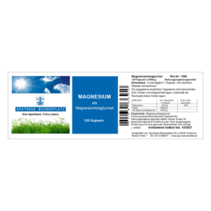 Etikett für Magnesium-Kapseln als Magnesiumbisglycinat mit Informationen zur Einnahme und Inhaltsstoffen.