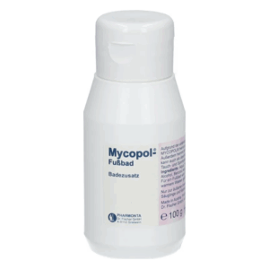 Weißer Kunststoffbehälter mit Schraubverschluss, mit Etikett für Mycopol Fußbad, Badezusatz.