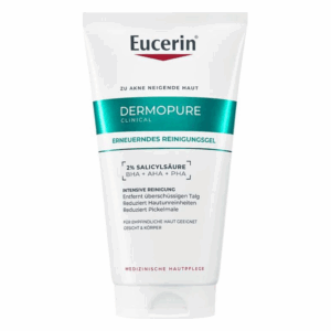 Eucerin Dermopure Erneuerndes Reinigungsgel in einer weißen Tube mit grüner Beschriftung, enthält 2% Salicylsäure.