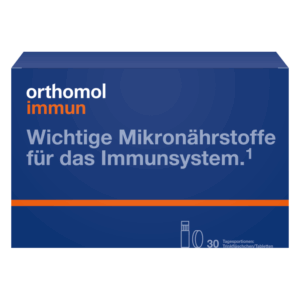 Verpackung von orthomol immun, betont wichtige Mikronährstoffe für das Immunsystem, blau mit orangefarbenem Akzent.