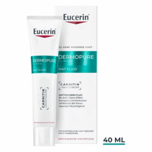 Eucerin Dermopure Mat Fluid in einer weißen Tube mit grüner Schrift, begleitet von einer Verpackung.