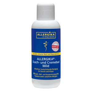 Flasche mit Allergika Dusch- und Cremedbad Mild für sensible Haut, seifenfrei und hautschützend, mit blauer Etikettierung.