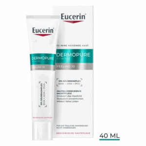 Eucerin Dermopure Peeling 10, 40 ml Tube mit cremefarbener und blauer Verpackung für akneanfällige Haut.