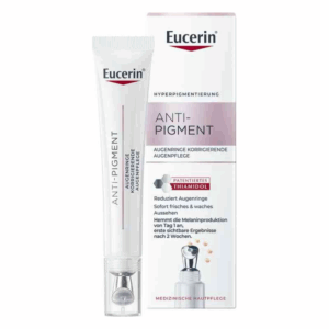 Eucerin Anti-Pigment Augenpflege in Tube mit Applikator, Verpackung mit Produktinformation und Zutatenliste.