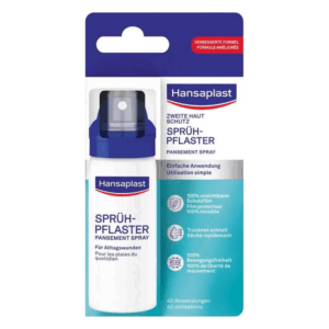 Sprühpflaster-Spray von Hansaplast, verpackt in einer weißen Flasche mit blauer Sprühkappe, für Wundschutz.