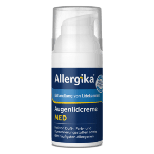Flasche mit Allergika Augenlidcreme zur Behandlung von Lidkzemen, im schlichten Design, mit Pumpmechanismus.