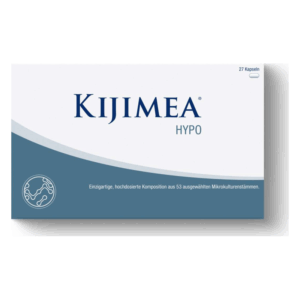 Kijimea Hypo Verpackung mit der Angabe von 27 Kapseln und Beschreibung der Mikrokulturkomposition.