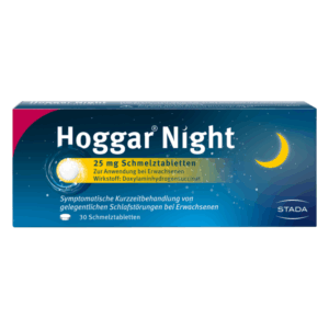 Verpackung von Hoggar Night Schmelztabletten mit Angaben zu Wirkstoff und Anwendung bei Schlafstörungen.