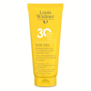 Gel zur Sonnenpflege in einer gelben Tube mit hohem UVB/UVA-Schutz für empfindliche Haut.