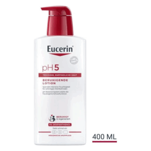 Flasche Eucerin pH 5 beruhigende Lotion für trockene Haut, 400 ml, mit Spender und roter Kappe, medizinische Hautpflege.