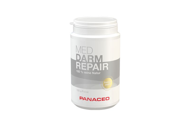 Panaceo_Darm_Repair.jpg Weißer Kunststoffbehälter mit Schraubverschluss, beschriftet mit "DARM REPAIR" und "100 % reine Natur" von PANACEO.