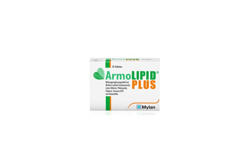 Armolipid_Packshot_PromoBox.jpg Verpackung von ArmoLIPID PLUS mit Informationen zu Inhaltsstoffen und Dosierung, in weißer Schachtel mit grünem und orangefarbenem Text.