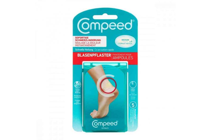 Compeed-Blasenpflaster.jpg Verpackung von Compeed Blasenpflaster für die sofortige Schmerzlinderung und schnelle Heilung, mit einem Fußabbild.