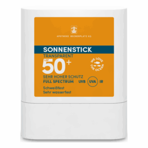 Sonnenstick mit LSF 50+, transparent, sehr hoher Schutz, wasserfest und schweißfest, in weißer Verpackung mit orangefarbenem Etikett.