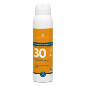 Transparenter Sonnenspray mit Lichtschutzfaktor 30, sehr leichte Textur, in weißer Sprühdose mit orangefarbenem Etikett.