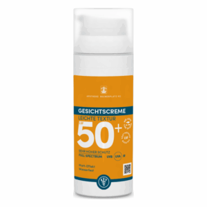 Gesichtspflegecreme mit LSF 50+, wasserfest und mattierend, in flüssiger Textur verpackt.