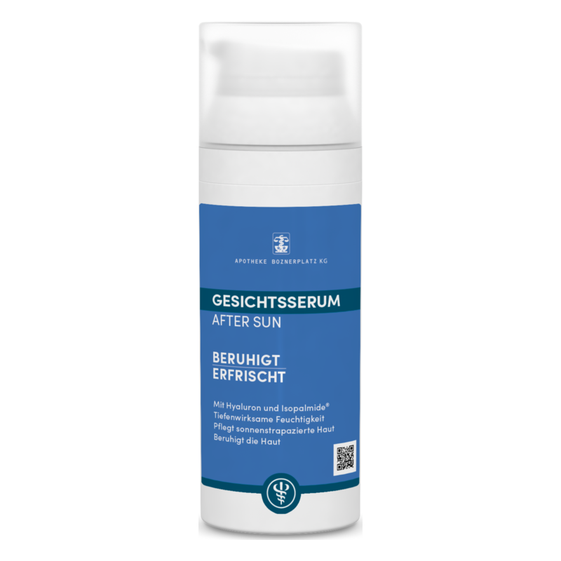 After-Sun-Gesichtserum in einem weißen Pumpflakon mit blauer Beschriftung, beruhigt und erfrischt die Haut.