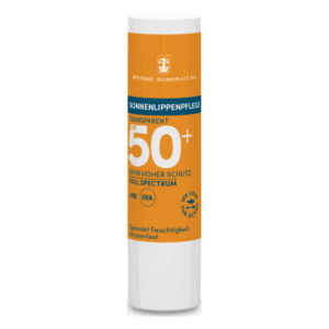 Lippenpflegestift in weiß-orange mit Lichtschutzfaktor 50+ und wasserfester Formulierung