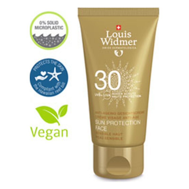 Sonnenschutzmittel in einer goldenen Tube mit SPF 30, vegan und mikroplastikfrei, mit Anti-Aging-Eigenschaften.