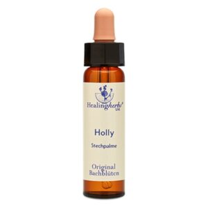 Braune Flasche mit Pipette, etikettiert mit 'Holly Stechpalme', Original Bachblüten von Healingherb.