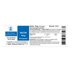 Nahrungsergänzungsmittel Biotin 5 mg in einer Verpackung mit 60 Kapseln und Anwendungshinweisen.