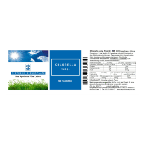 Verpackung für Chlorella vulg., 250 Tabletten, mit Angaben zu Inhaltsstoffen und Anwendungshinweisen.