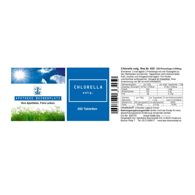 Verpackung für Chlorella vulg., 250 Tabletten, mit Angaben zu Inhaltsstoffen und Anwendungshinweisen.