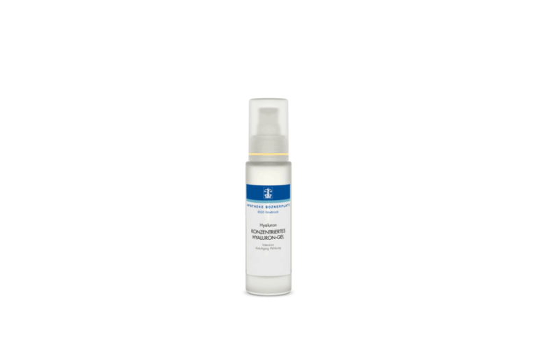 Flasche mit konzentriertem Hyaluron-Gel für intensive Anti-Aging Wirkung, mit Pumpverschluss und weißem Etikett.