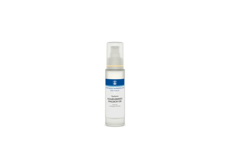 Flasche mit konzentriertem Hyaluron-Gel für intensive Anti-Aging Wirkung, mit Pumpverschluss und weißem Etikett.