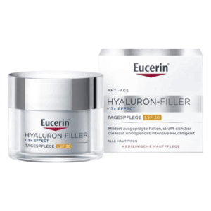 Eucerin Hyaluron-Filler Tagespflege in einem transparenten Tiegel mit silbernem Deckel, verpackt in einer weißen Box mit rotem Logo.