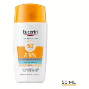 Eucerin Hydro Protect Sonnenfluid für das Gesicht, mit Lichtschutzfaktor 50+, in einer weißen Flasche mit orangefarbenem Deckel.