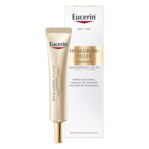 Eucerin Hyaluron-Filler Augenpflege mit Lichtschutzfaktor 20 in einer goldenen Tube und Kartonverpackung.