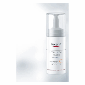 Flasche mit Eucerin Hyaluron-Filler und Vitamin C Booster, transparentes Design mit Pumpe.