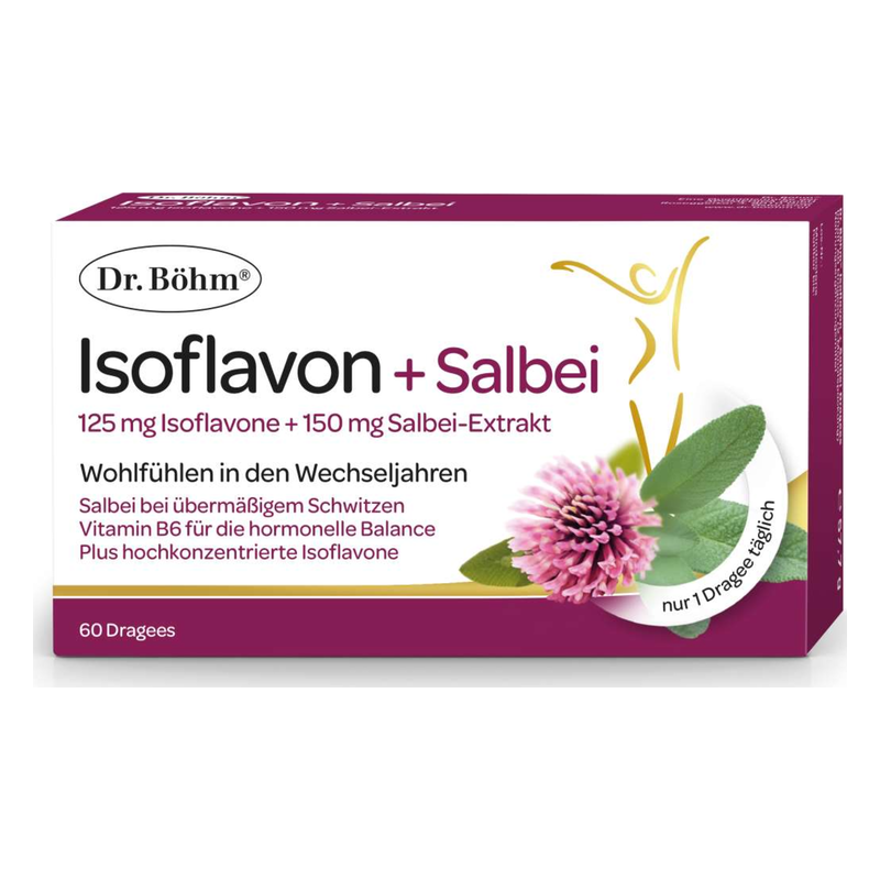 Verpackung von Dr. Böhm Isoflavon + Salbei mit Informationen zu Inhaltsstoffen und Anwendung für Wechseljahre.