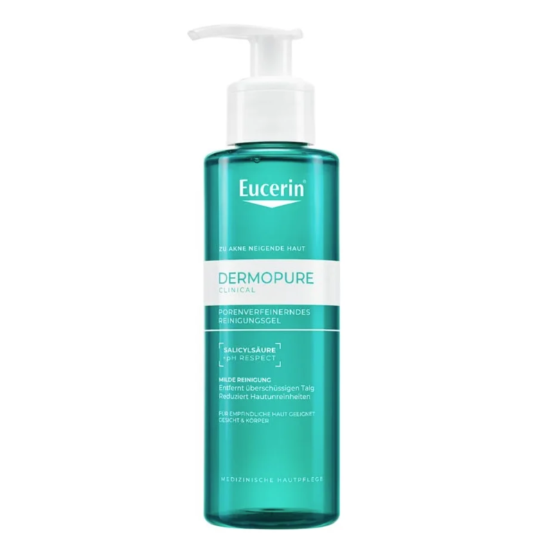Transparente Flasche mit Pumpe, enthält porenverfeinerndes Reinigungsgel von Eucerin, für akneanfällige Haut geeignet.