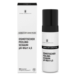 Osmotischer Peelingschaum in einer weißen Verpackung mit schwarzer Schrift, mit pH-Wert 4,5.