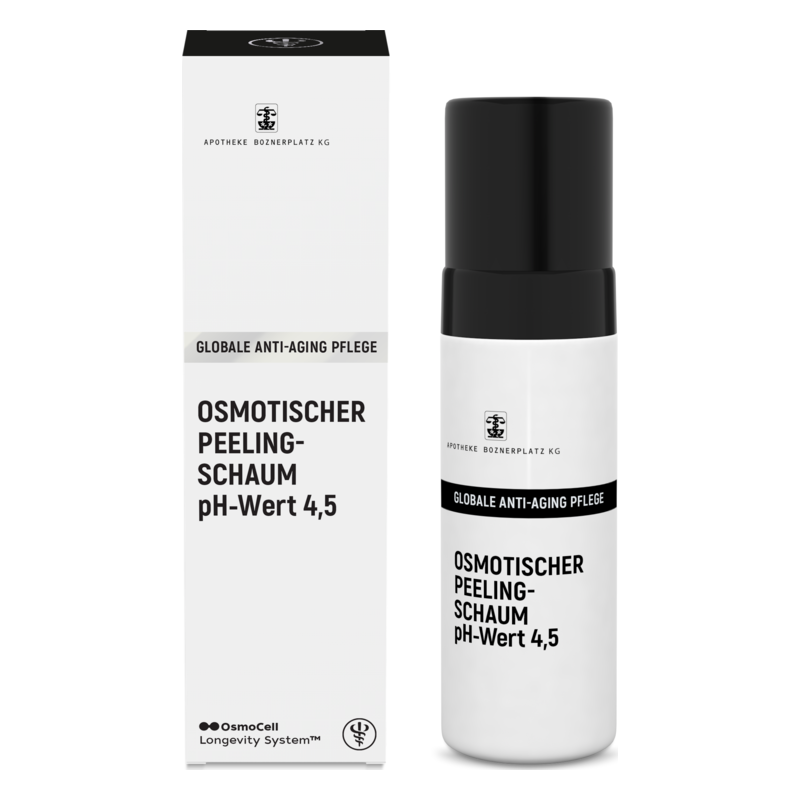 Osmotischer Peelingschaum in einer weißen Verpackung mit schwarzer Schrift, mit pH-Wert 4,5.