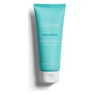 Eine turquoise Gesichtsmaske in einer Tube mit weißem Schraubverschluss, bezeichnet als "LINFA DETOX Maschera Dissetante".