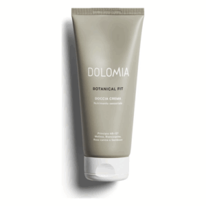 Tube mit Duschcreme von Dolomia, in grau mit weißen Beschriftungen, schmal und behält den Fokus auf dem Produkt.