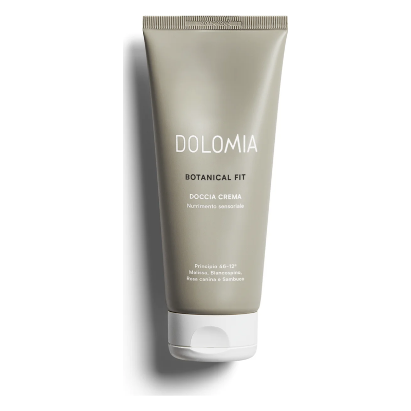 Tube mit Duschcreme von Dolomia, in grau mit weißen Beschriftungen, schmal und behält den Fokus auf dem Produkt.