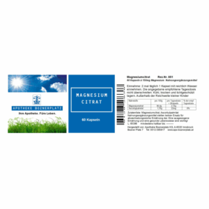 Verpackung von Magnesiumcitrat-Kapseln in blau-weißer Box mit Sonnenlicht und grünem Gras im Hintergrund.