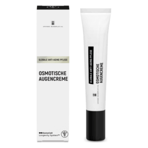 Eine Tube osmotischer Augencreme zusammen mit einer passenden Verpackung, beide in eleganter, schlichter Gestaltung.