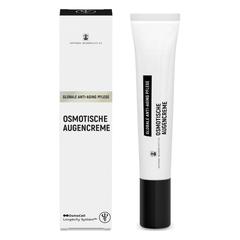 Eine Tube osmotischer Augencreme zusammen mit einer passenden Verpackung, beide in eleganter, schlichter Gestaltung.