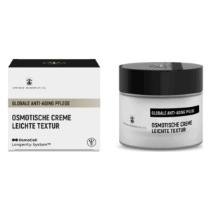 Packung und Tiegel einer osmotischen Anti-Aging-Creme mit leichter Textur, enthält das OsmoCell Longevity System.