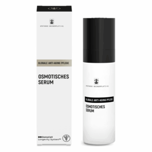 Körperpflegeprodukt in Pumpflasche mit schwarzem Deckel und weißer Etikettierung, Anti-Aging Serum in Verpackung.