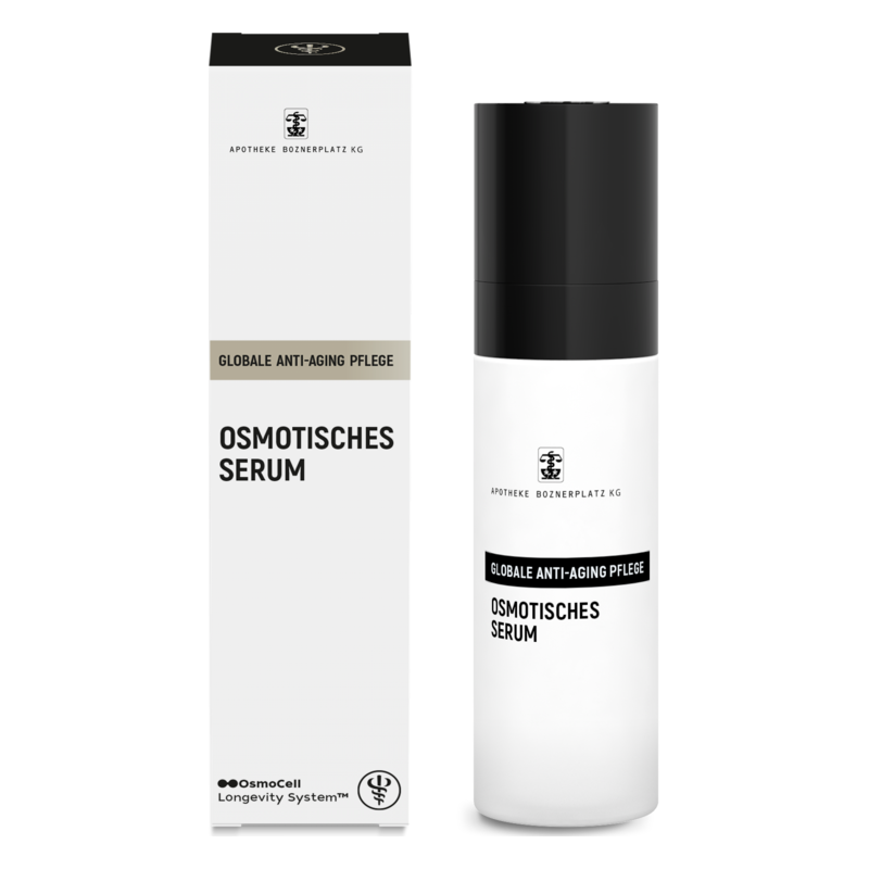 Körperpflegeprodukt in Pumpflasche mit schwarzem Deckel und weißer Etikettierung, Anti-Aging Serum in Verpackung.