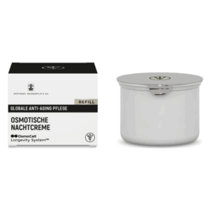 Eine Packung mit osmotischer Nachtcreme in einer weißen Dose neben einem schwarz-weißen Karton mit Informationen zur Anti-Aging Pflege.