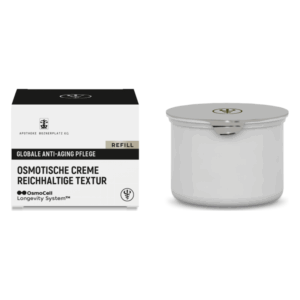 Packung mit einer osmotischen Anti-Aging-Creme und einem Grautron-Behälter mit silbernem Deckel.