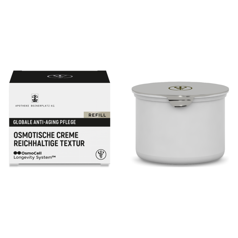 Packung mit einer osmotischen Anti-Aging-Creme und einem Grautron-Behälter mit silbernem Deckel.
